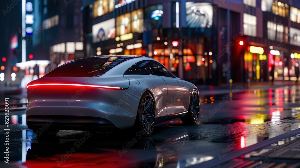 Fototapeta premium A futuristic car is driving down a wet city street at night