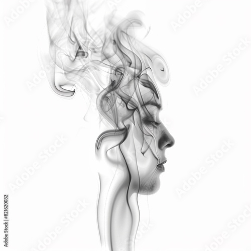 A white background with smoke in the shape of an abstract woman face