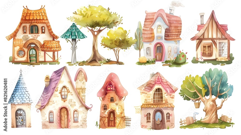 Obraz premium Enchanting Storybook Cottages and Celestial Treehouse Sanctuaries in a Quaint Historic European Village