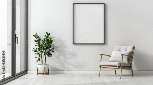 white chair with green plant beside it in empty room and wooden frame on the wall