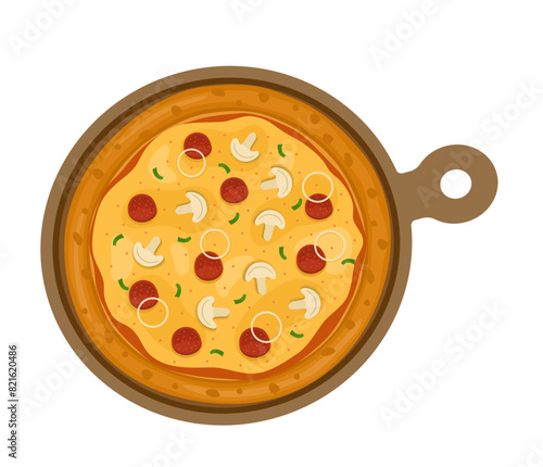 Mushroom with Pepperoni Pizza. Vector illustration of italian pizza. Pizza with mushroom, pepperoni, peppers and cheese