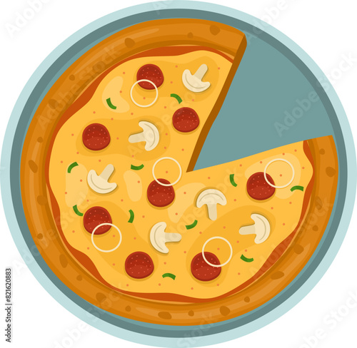 Mushroom with Pepperoni Pizza. Vector illustration of italian pizza. Pizza with mushroom, pepperoni, peppers and cheese