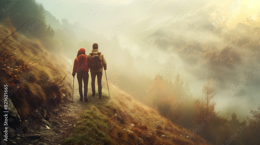 Obraz premium Couple's Mountain Trek at Dawn, Generative AI