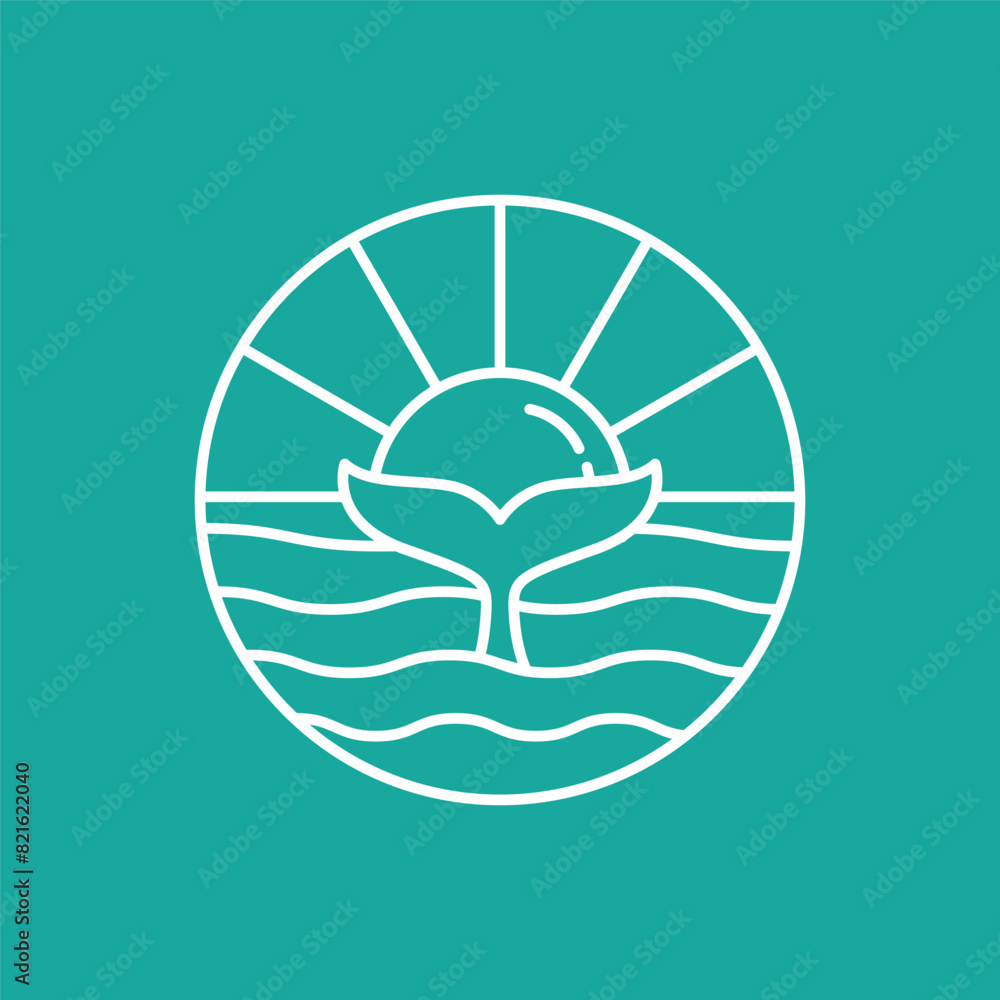 Sunset line art with whale tail combination, The whale tail is shown in the middle of the sea with the sun in the background. Sunset line art with whale tail combination, The whale tail is shown in the middle of the sea with the sun in the background.