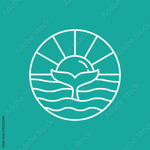 Sunset line art with whale tail combination, The whale tail is shown in the middle of the sea with the sun in the background.