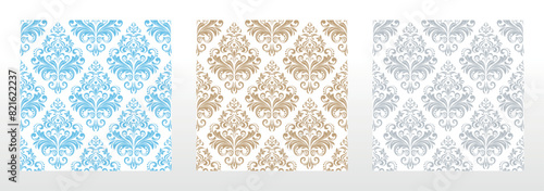 Wallpapers in the style of Baroque. Seamless vector backgrounds. Set of colored floral ornaments. Graphic patterns for fabric, wallpaper, packaging. Ornate Damask flower ornaments