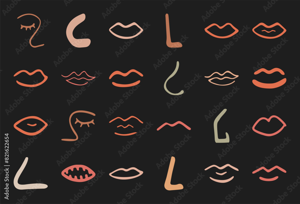 Trendy boho asymmetric eye and nose symbol set, doodle geometric ...