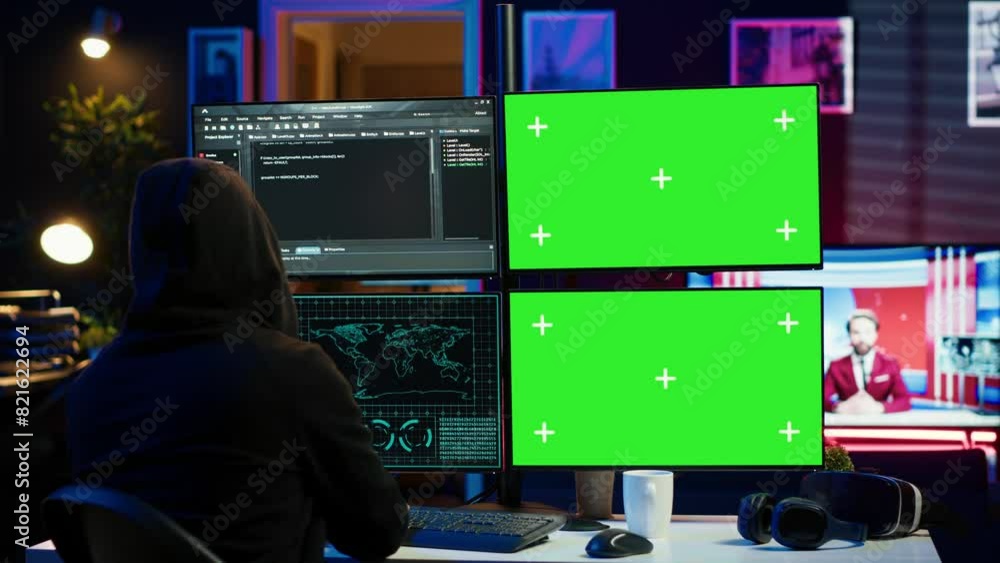 Hooded man writing lines of code on green screen PC from apartment, trying to get past security systems. Evil hacker using mockup computer to make scripts that can hack devices, camera A