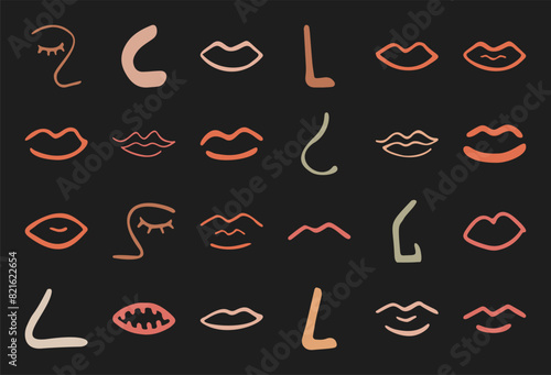 Trendy boho asymmetric eye and nose symbol set, doodle geometric amorphous face shape art, cute abstract random lips silhouette, modern organic minimal form collection, flat liquid element graphic,