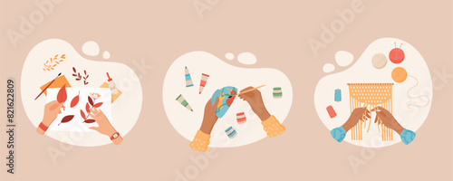 Handicraft DIY art class activity illustration, cartoon handmade painting craftwork concept, flat hands make creative handcraft pottery workshop, colorful hobby group vector background banner,