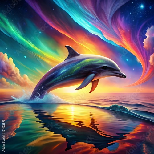 surreal rendering of dolphin in colorful water