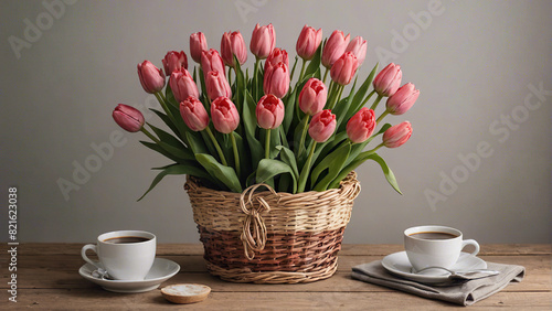 composition: a small wicker basket with delicate pink tulips and two white cups of coffee on the table, light gray background, close-up