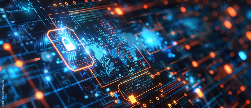 Futuristic cybersecurity technology background with blue and orange circuit board design, showcasing data protection and digital innovation. Futuristic cybersecurity technology background with blue and orange circuit board design, showcasing data protection and digital innovation.