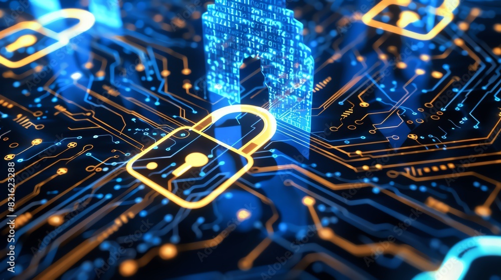 Digital cybersecurity concept with glowing locks and circuit board symbols, emphasizing data protection and security measures in technology. Digital cybersecurity concept with glowing locks and circuit board symbols, emphasizing data protection and security measures in technology.