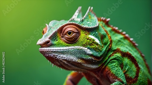 Close up chameleon portrait on isolated green background