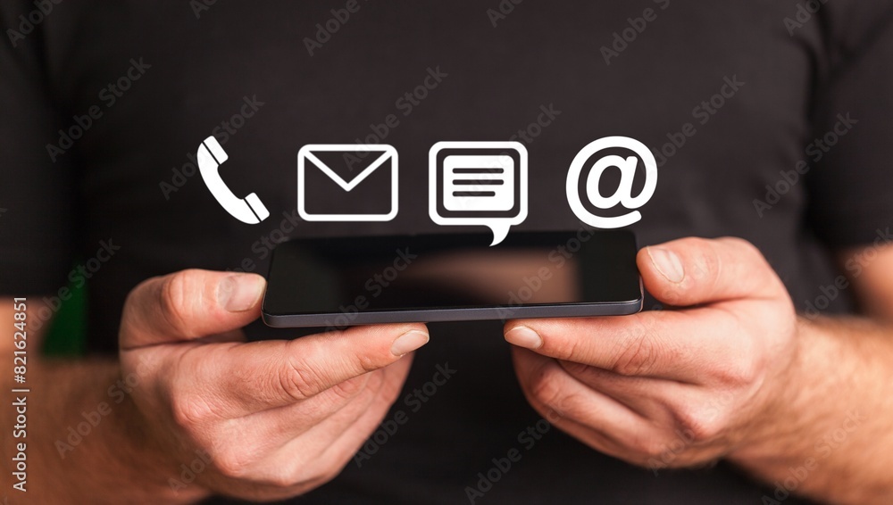 Business person with Smart Phone and Chat icons. Business person with Smart Phone and Chat icons.