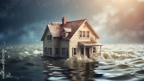 A house figure drowning in water, natural disasters and floods concept background photo