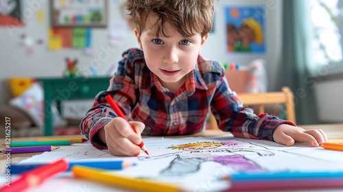 portrait of a child draws his father as a hero with color pencils on a blank white page, for father's day, children's day