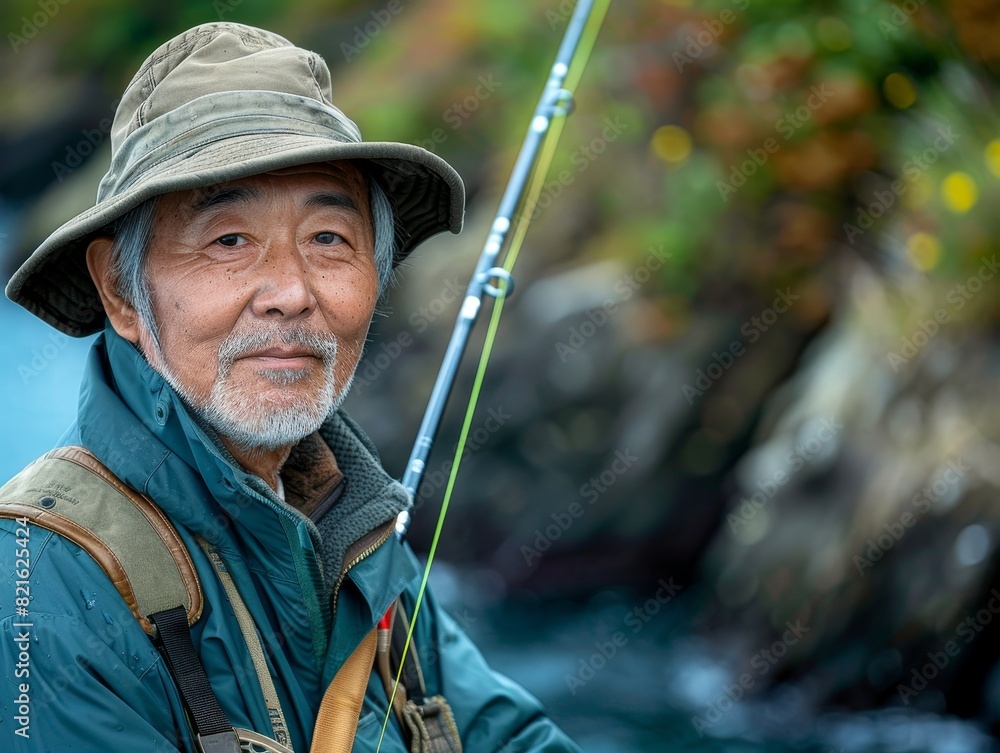 Obraz premium A tranquil scene with an East Asian fisherman in his 50s, holding a fishing rod against a serene blue backdrop, offering ample copy space on the left