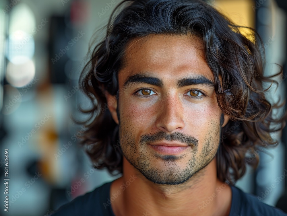 Mid-20s Middle Eastern fitness trainer, lifting weights intensely against gray background with copy space on left Mid-20s Middle Eastern fitness trainer, lifting weights intensely against gray background with copy space on left