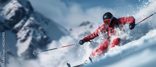 Skier in Red Suit Carving Through Powder Snow.
