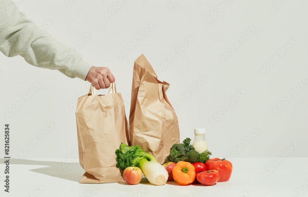 Paper bag with vegetables on table against white background. Space for text Paper bag with vegetables on table against white background. Space for text