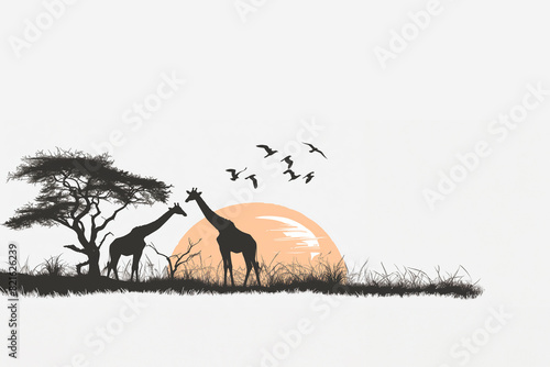 silhouettes noires de 2 girafes sous un arbre acacia dans la savane africaine avec une envolée d'oiseaux grues, devant un énorme soleil orange qui se lève. Fond blanc, Afrique photo