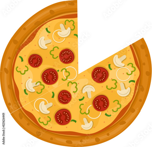 Vegetarian Pizza. Vector illustration of italian pizza. Pizza with mushroom, basil, tomato, onion, peppers and cheese