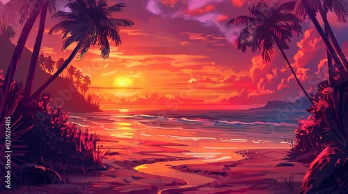 sunset at exotic tropical beach with palm trees and sea  colorful illustration in style of purple and orange nature