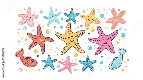 Doodle elements of various types of colorful sea animals  including fish  starfish  and fish with smiling faces isolated on white background.