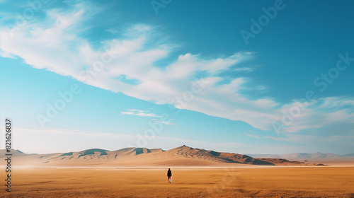a solitary traveler amidst a vast desert landscape