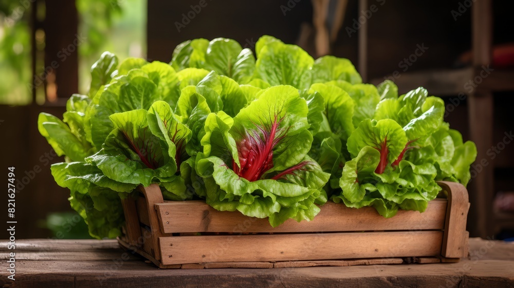 Freshly harvested lettuce in a rustic basket, farm setting, vibrant colors, copy space, Freshly harvested lettuce in a rustic basket, farm setting, vibrant colors, copy space,