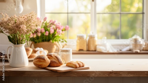 Blank flyer on a kitchen counter with fresh baked goods, morning light