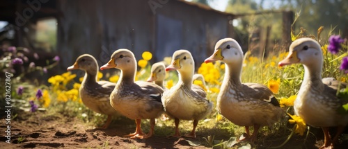 Ducks waddling in a sunlit farmyard, vibrant background, copy space, photo