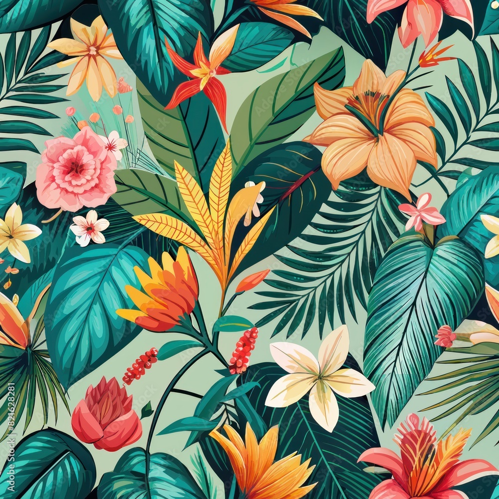 Seamless pattern of tropical foliage and exotic flowers, evoking the lush beauty of a tropical paradise, Generative AI Seamless pattern of tropical foliage and exotic flowers, evoking the lush beauty of a tropical paradise, Generative AI