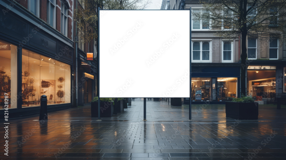 Blank poster on a glass window in a trendy store, street reflections Blank poster on a glass window in a trendy store, street reflections