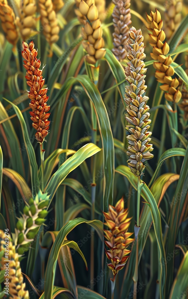 Obraz premium Create a hyper-realistic image of a close-up view of various landrace crop varieties at eye-level angle, showcasing the unique textures and colors with intricate precision