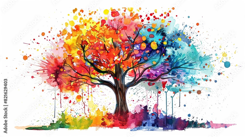 Tree with leaves and colorful paint splashes painted in graffiti style on a white background.