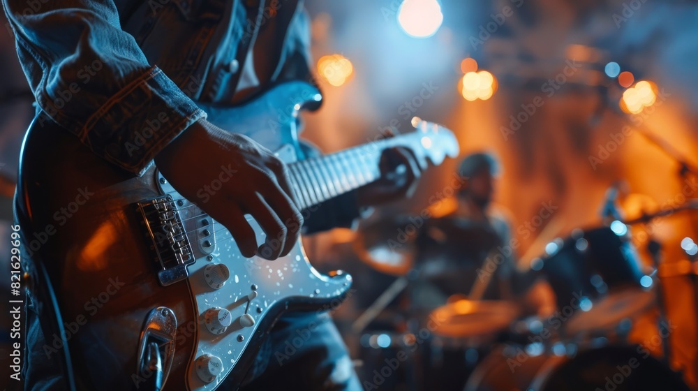 Naklejka premium Close-up of a guitarist playing on stage during a concert, with focus on the instrument and a vibrant, energetic atmosphere.