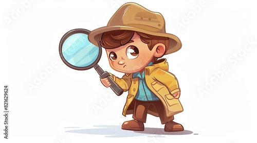 Little detective holding magnifying glass in hand drawn style isolated on white background.