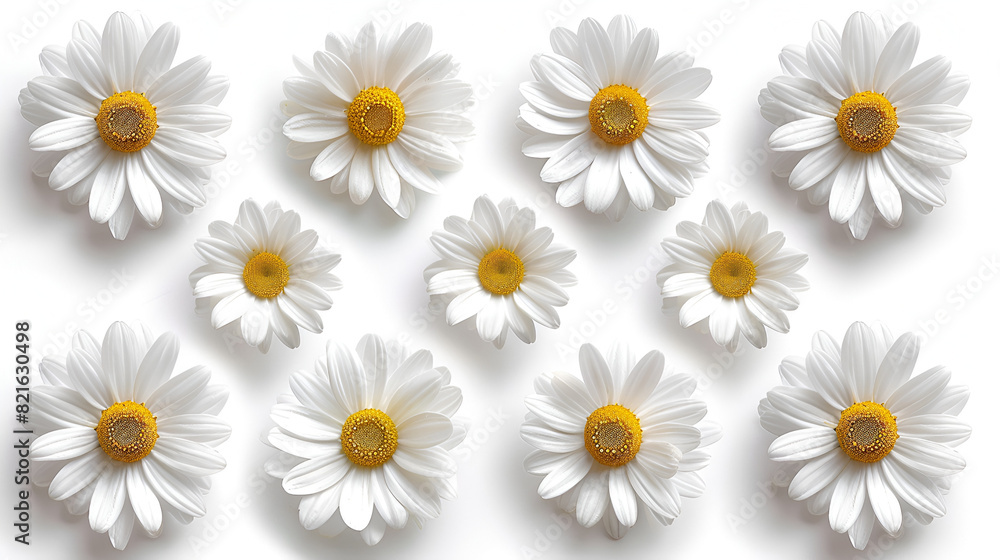 Collage of Beautiful Chamomile Flowers on White Background, Floral Composition with Fresh Blossoms in Vibrant Display, Summer Botanical Arrangement, Natural Beauty and Elegance, Generative AI

