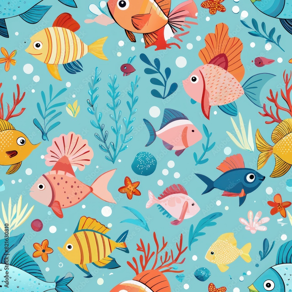 Seamless pattern of underwater scenes with fish, coral, and sea creatures, perfect for a tropical-themed gift wrap, Generative AI Seamless pattern of underwater scenes with fish, coral, and sea creatures, perfect for a tropical-themed gift wrap, Generative AI