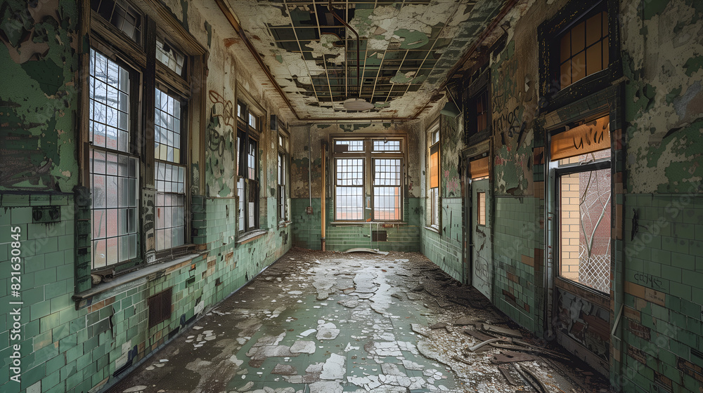 a portrait of an abandoned building with a rusty surface