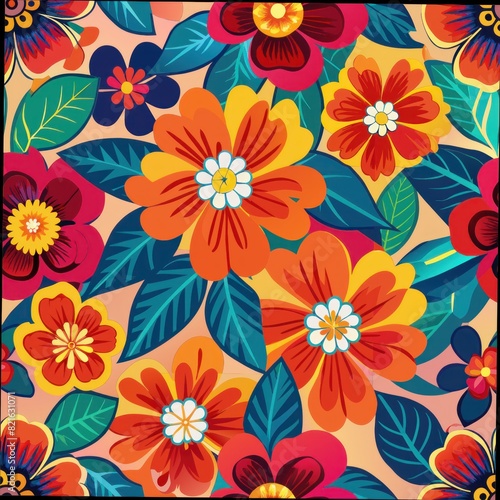 Seamless pattern of vibrant floral motifs rendered in bold  contrasting colors  perfect for a cheerful and lively gift wrap  Generative AI