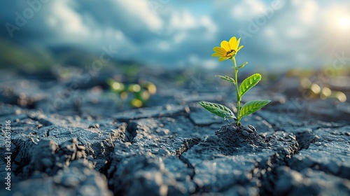 A barren, cracked landscape with a single struggling plant conceptual illustration of the impact of climate change on vegetation.