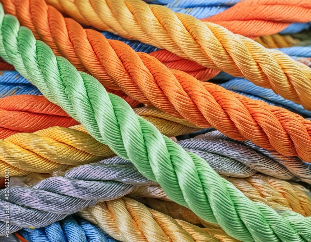 close up of colorful ropes, ropes of various colors red, orange, yellow, tan, green, and blue intertwined in braided pattern.