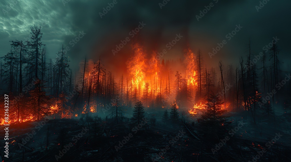 A dying forest with skeletal trees against a smoky sky conceptual illustration of the destructive impact of wildfires exacerbated by climate change. A dying forest with skeletal trees against a smoky sky conceptual illustration of the destructive impact of wildfires exacerbated by climate change.