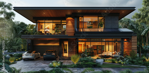 Exterior of a double story luxury house with car parking outside. Created with Ai