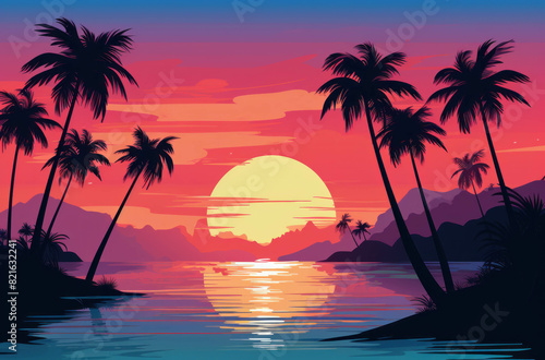 A beautiful sunset on the beach with palm trees illustration of summer trip holidays vacation