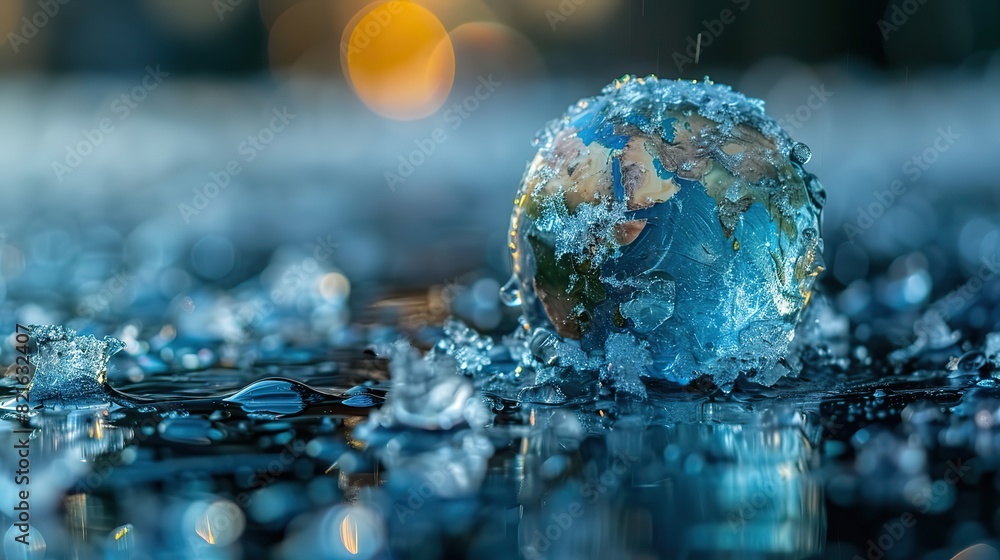A globe encased in a block of ice melting in a warm room conceptual illustration of global temperature rise and the melting polar ice caps. A globe encased in a block of ice melting in a warm room conceptual illustration of global temperature rise and the melting polar ice caps.